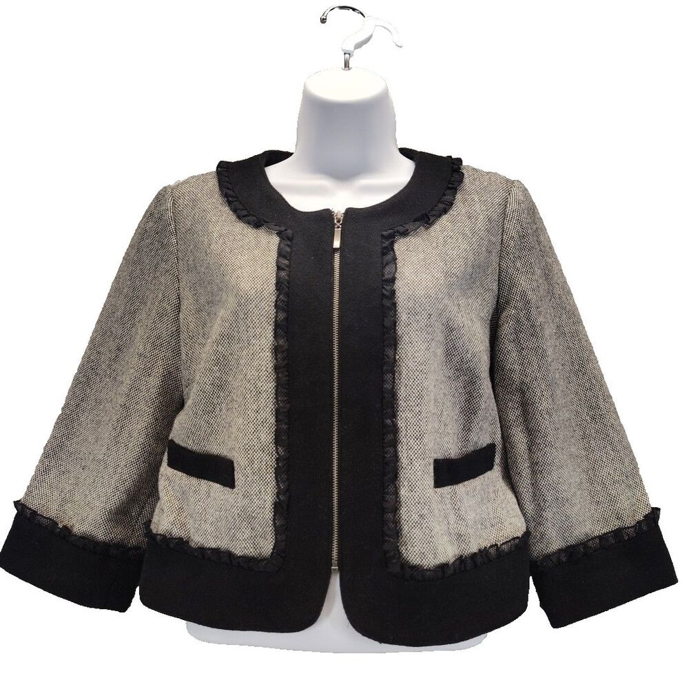 Forever 21 Women Sz M Gray Black Blazer Full Zip Wool Blend Cropped Lace Trim